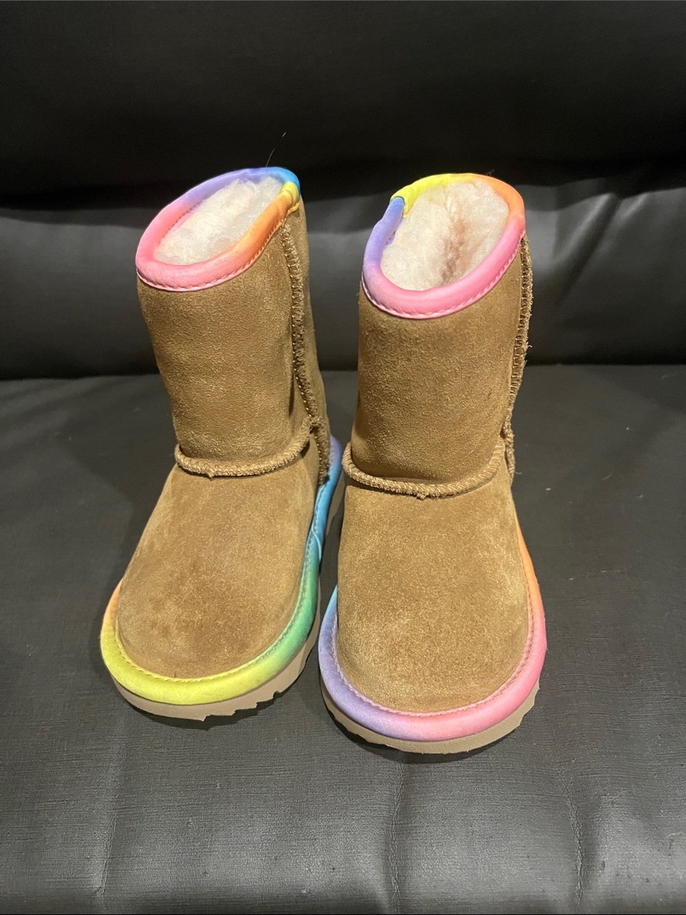 UGG Kids Classic Short Boots with Rainbow Trim - Chestnut